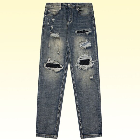 Amiri Large Distressed Leather Patch Slim Jeans